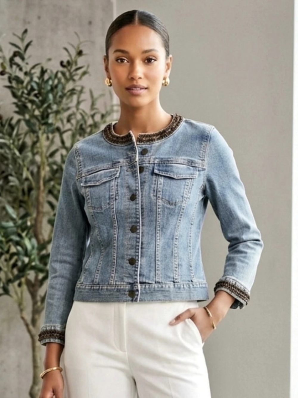 Tahari Embellished Denim Jacket in Blue Small NWT